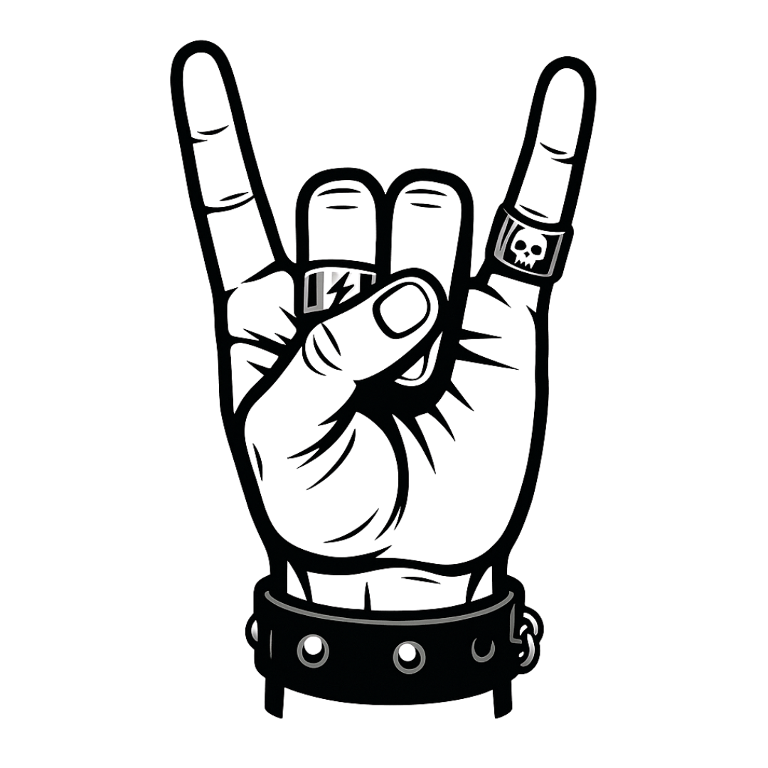 Rock on hand gesture, black and white illustration